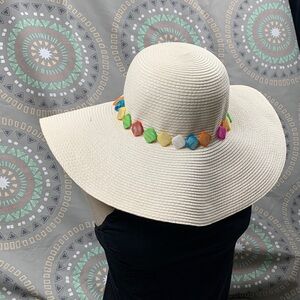 Magid Cream Wide-Brimmed Sun Hat with Pom-Pom Trim